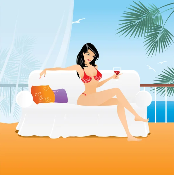 女人在沙发上 在一个海景房 放松的好例子 让人感觉像夏天 温暖的日子 皇家酒店等 — 图库矢量图片