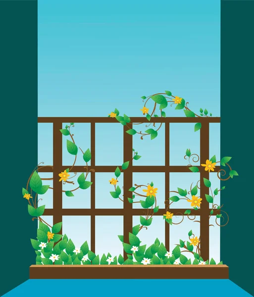 Ilustracja Okna Kwiatami Krzewie Winnym — Wektor stockowy