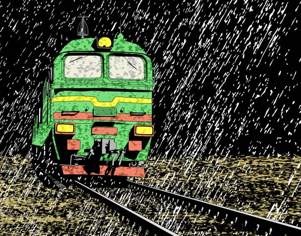 Εικονογράφηση Διάνυσμα Ενός Ρωσικού Τρένου Στη Βροχή Νύχτα — Διανυσματικό Αρχείο