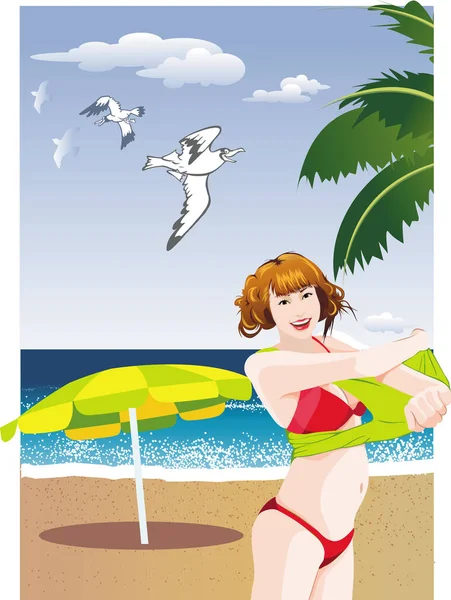 一个夏天在海滩上的女人 — 图库矢量图片