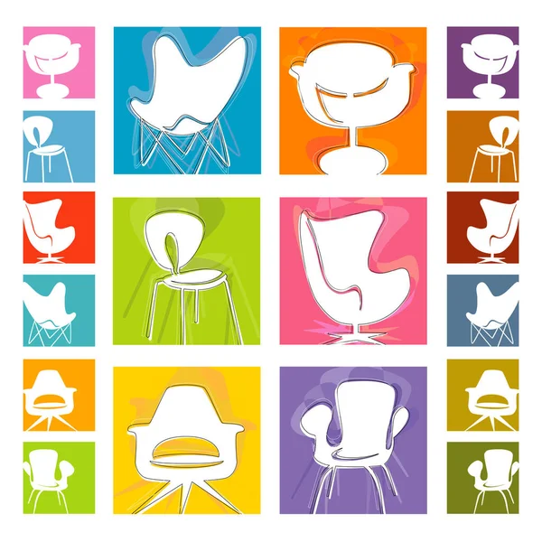 Mod Chair Icons Vector Retro Stilisierte Stuhl Ikonen Auf Farbenfrohen — Stockvektor