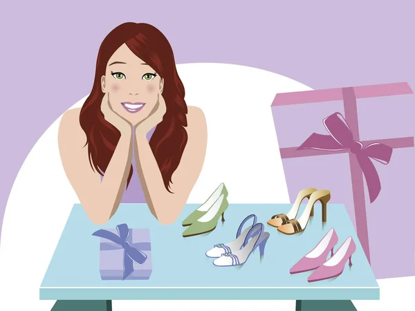 Illustration Einer Frau Mit Vielen Geschenken Schachteln Und Blumen — Stockvektor