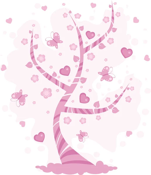 Árvore Primavera Com Borboleta Corações Rosa — Vetor de Stock