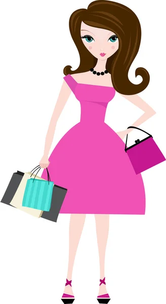 Mujer Morena Vestido Rosa Con Bolsas Compras Mano — Vector de stock