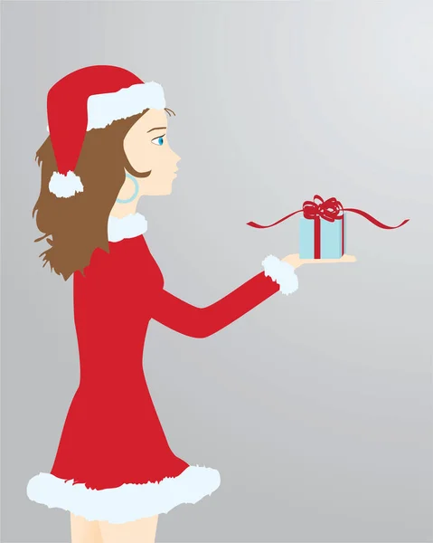 Ilustración Vectorial Una Joven Vestido Navidad Con Regalo Mano — Vector de stock