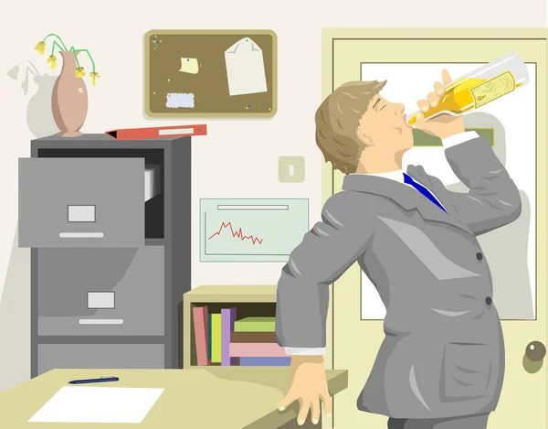 Vektorillustration Eines Geschäftsmannes Der Whisky Büro Trinkt Der Hintergrund Befindet — Stockvektor