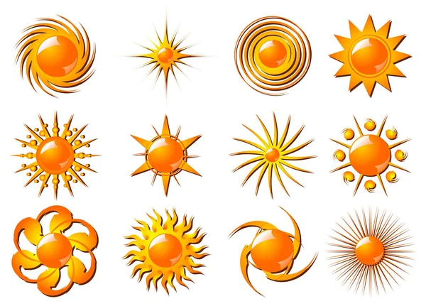 Διαφορετικοί Τυποποιημένοι Ήλιοι Απομονωμένοι Λευκό Φόντο — Διανυσματικό Αρχείο