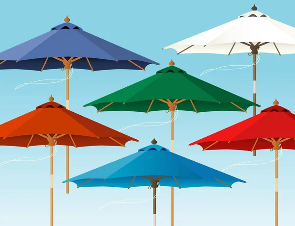 天空布满了五彩缤纷的市场雨伞 所有雨伞都是完整的 可以与背景分开使用 很容易改变颜色 — 图库矢量图片