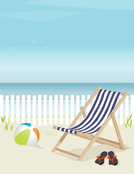 Хороший Шезлонг Пляже Комплекте Пляжным Мячом Флип Флопами Легко Редактируемый — стоковый вектор