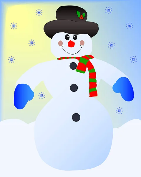 一个快乐的雪人站在一个阳光普照的雪日形象中 彩色插图 — 图库矢量图片