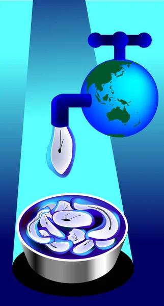 Векторная Иллюстрация Крана Глобальной Таймер Утечки Означает Время Вода Пройти — стоковый вектор