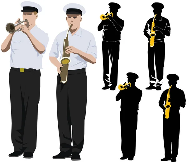 Mitglieder Der Militärkapelle Spielen Trompete Und Saxofon Vektorillustration Und Silhouette — Stockvektor