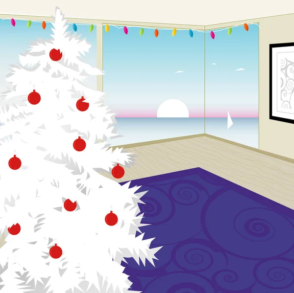 时尚的白色圣诞树俯瞰西海岸日落 加州现代家庭的圣诞节 容易编辑的文件 — 图库矢量图片