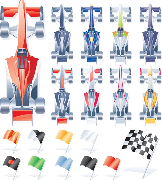 Verschiedene Farbschemata Von Formel Autos Und Rennflaggen — Stockvektor
