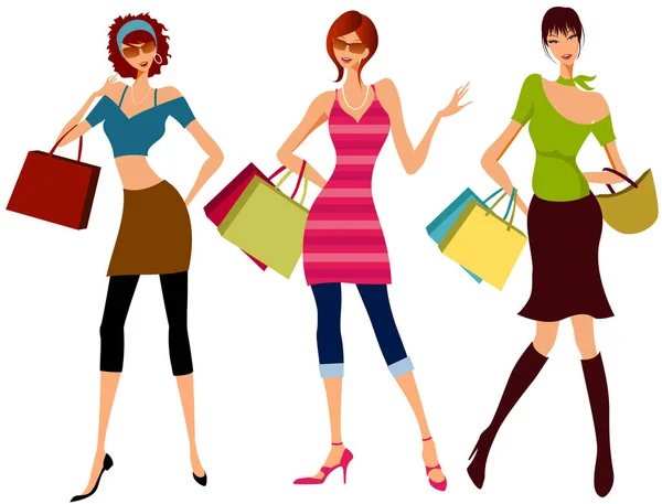 Shopping Girls Immagine Illustrazione Colori — Vettoriale Stock