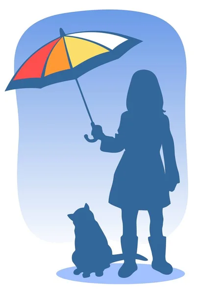 Young Girl Umbrella Cat Silhouettes Blue Background — Stock Vector
