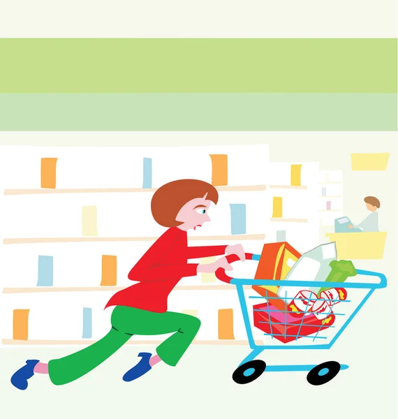食料品店で食べ物でいっぱいのショッピングカートで走る女性 — ストックベクタ