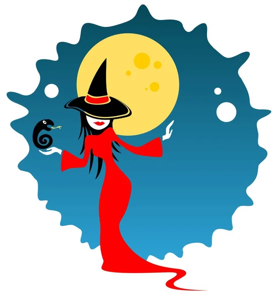 Jolie Sorcière Avec Serpent Sur Fond Lune Illustration Halloween — Image vectorielle
