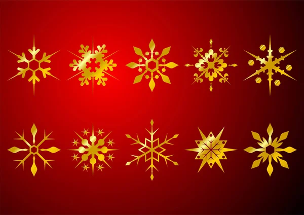 赤の背景に異なる黄金の雪の結晶 — ストックベクタ