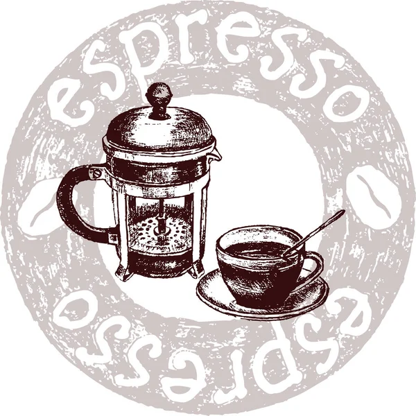Kreativ Kaffespressoskylt Handpennskiss — Stock vektor