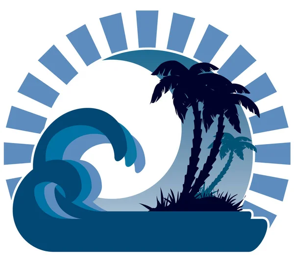 Vagues Surf Île Tropicale Palmiers Sur Une Plage — Image vectorielle