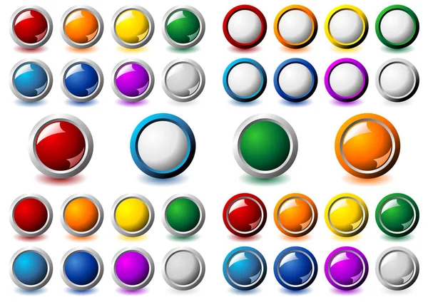 白色背景上具有不同颜色和金属框架的接口圆形按钮套件 — 图库矢量图片
