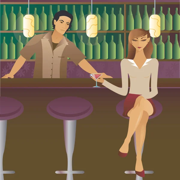 Kadın Barda Martinisiyle Oturuyor Kalabalıkla Flört Ediyor Belki Barmenle Eps — Stok Vektör