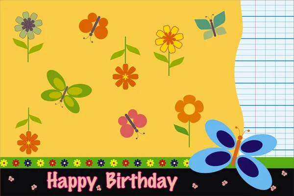 Vetor Cartão Aniversário Com Flores Borboleta — Vetor de Stock