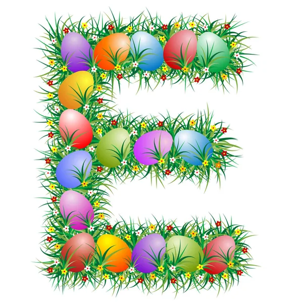 Lettre Pâques Avec Des Œufs Cachés Dans Herbe — Image vectorielle