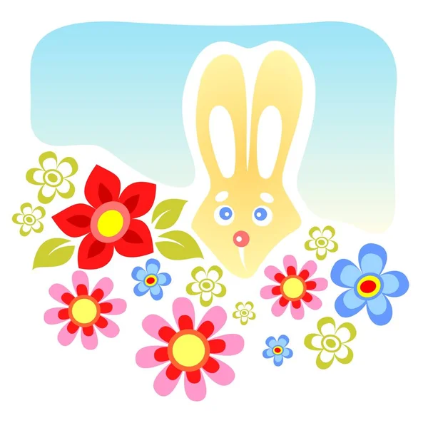 Tecknad Kanin Med Blommor Blå Bakgrund — Stock vektor