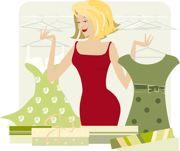 Eine Vektor Illustration Einer Dame Kaufte Einen Neuen Kleiderschrank — Stockvektor