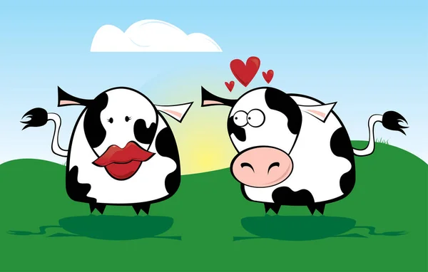 Deux Vaches Dans Prairie Homme Regardant Femelle Avec Grandes Lèvres — Image vectorielle