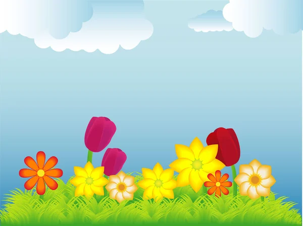 Векторная Иллюстрация Весенних Цветов Травы Фоне Облаков — стоковый вектор