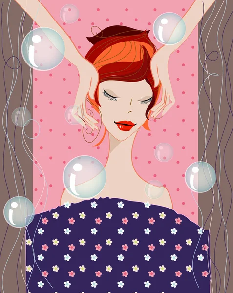 一个可爱的女孩舒服地放松一下 在温泉里接受治疗 泡泡飘扬 玩得很开心 — 图库矢量图片