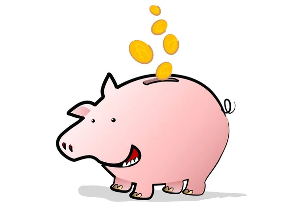 Happy Piggy Bank Saving Coins Falling Air — Stock Vector