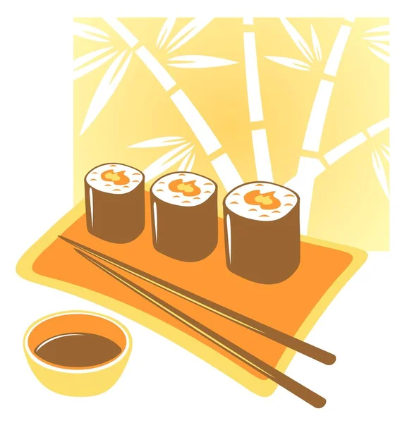 Teller Mit Japanischen Brötchen Stäbchen Und Sojasauce Auf Gelbem Hintergrund — Stockvektor