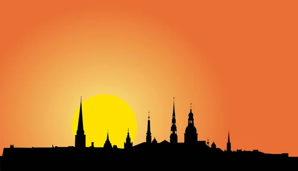 Векторная Иллюстрация Силуэта Панорамы Старой Риги Восходе Солнца — стоковый вектор