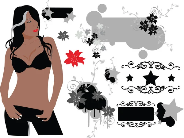 Éléments Design Vectorisés Une Femme Sexy Aux Cheveux Longs Noirs — Image vectorielle