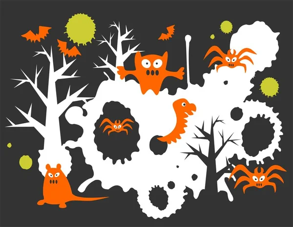 Mostri Grunge Pattern Sfondo Nero Illustrazione Halloween — Vettoriale Stock