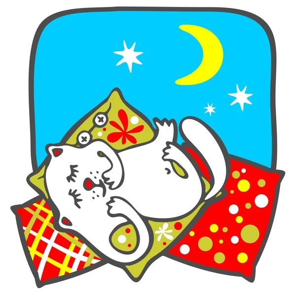 Διασκεδαστική Λευκή Γάτα Κοιμάται Μαξιλάρια Φόντο Νυχτερινού Ουρανού — Διανυσματικό Αρχείο