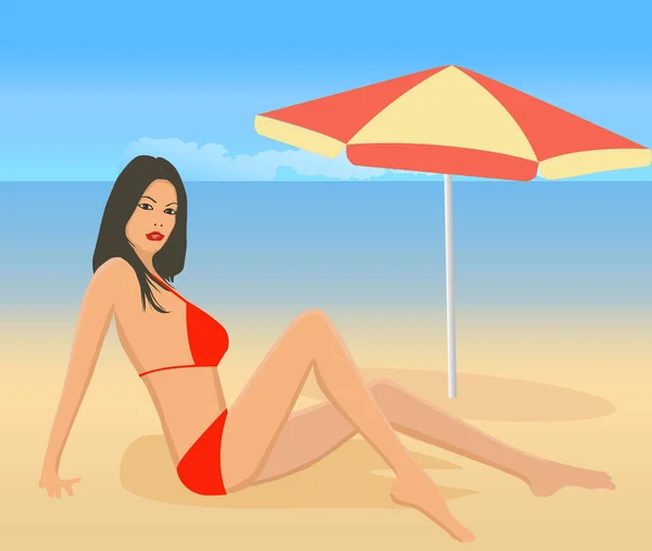 エキゾチックなビーチで魅力的な女の子 ベクトルアートイラスト — ストックベクタ