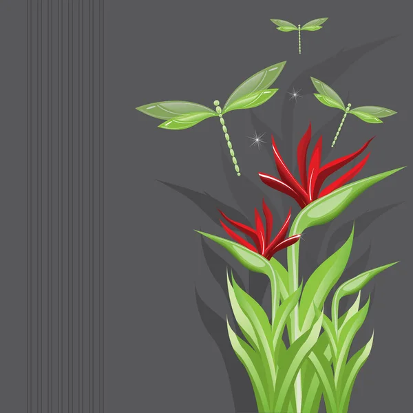 トンボの飛行とかなり開花に関するイラスト 平面の背景を持つ赤い花 — ストックベクタ