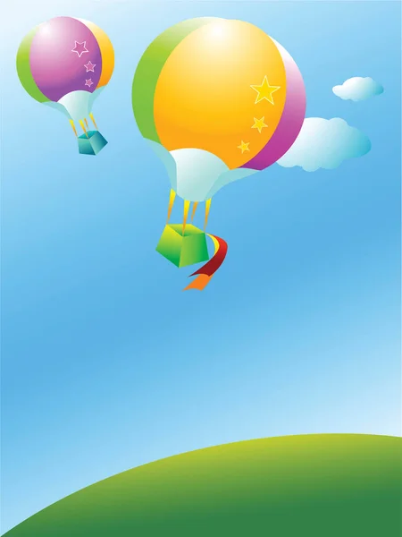 Renkli Balon Yeşil Bir Tepenin Üzerinde Uçuyor — Stok Vektör