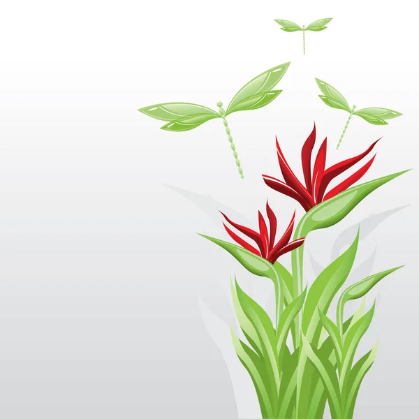 Illustration Flygande Trollsländor Och Blommande Vackra Röda Blommor Med Plan — Stock vektor