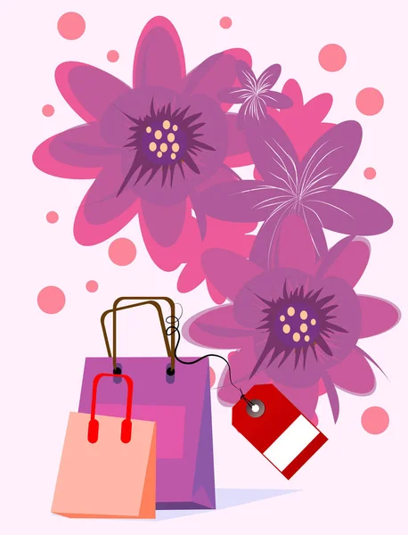 有购物袋和销售标签的花卉背景 — 图库矢量图片