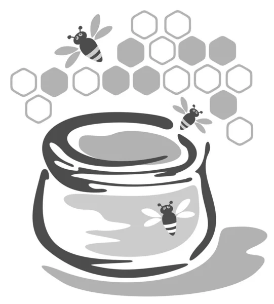 白い背景に蜂蜜と蜂が隔離されたスタイルの鍋 — ストックベクタ