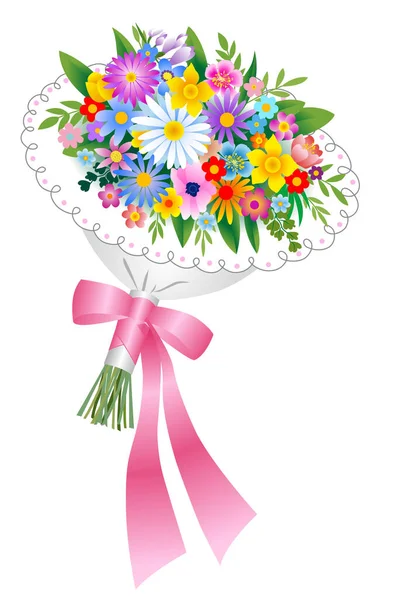 Bouquet Fleurs Avec Arc Ruban — Image vectorielle