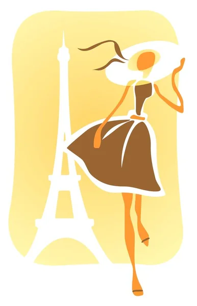 Den Stiliserade Romantiska Flickan Hatt Bakgrund Tour Eiffel — Stock vektor