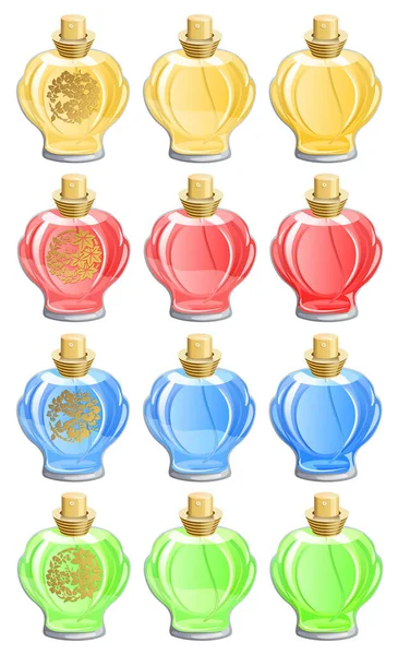 Парфюмерные Бутылки Разных Цветов Изолированные Белом — стоковый вектор