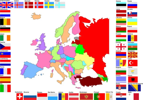 Mappa Dell Europa Con Bandiere Del Paese — Vettoriale Stock